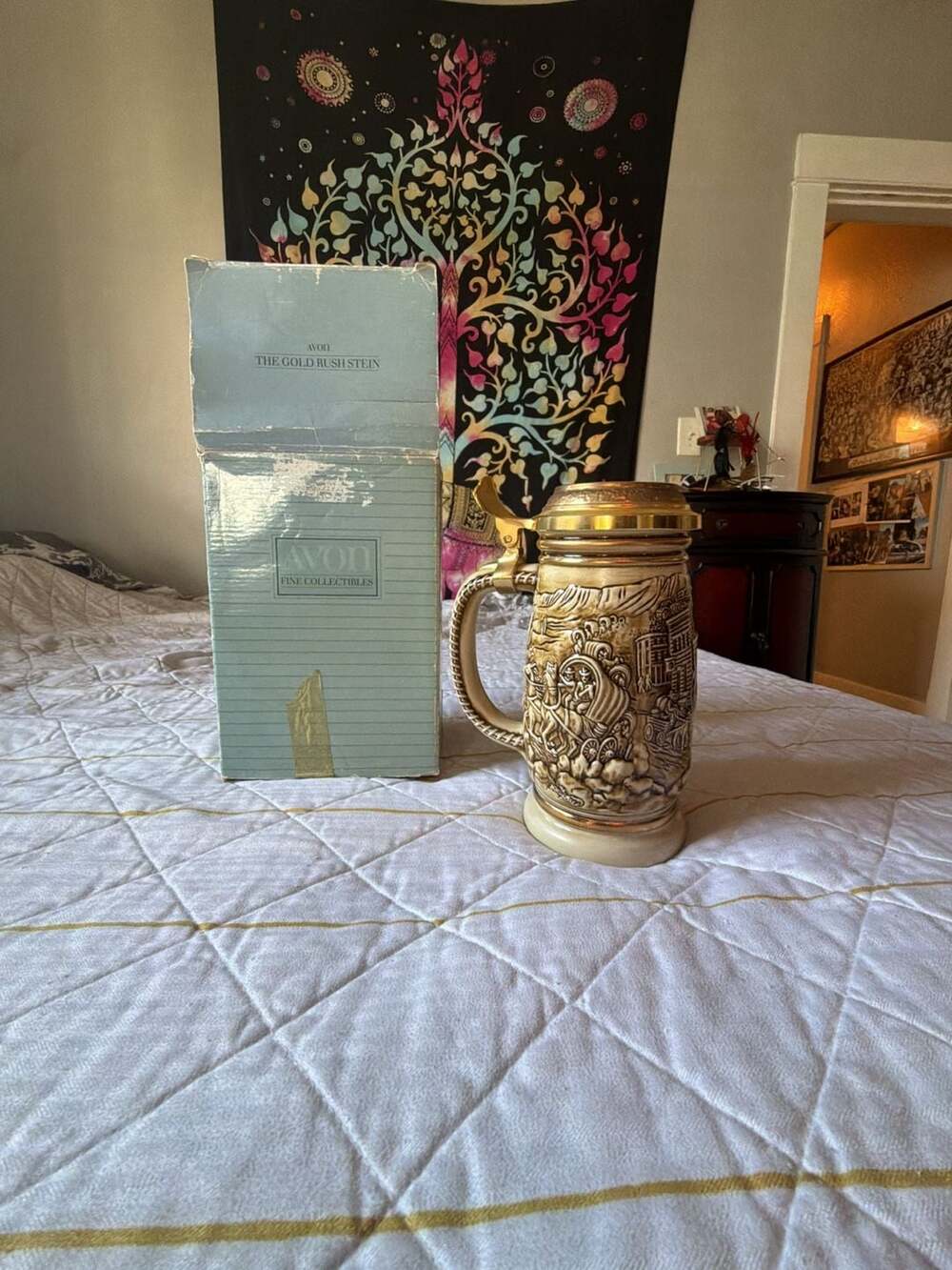 Vintage Avon The Gold Rush Stein Handcrafted in Brazil 1987 with Lid and Box